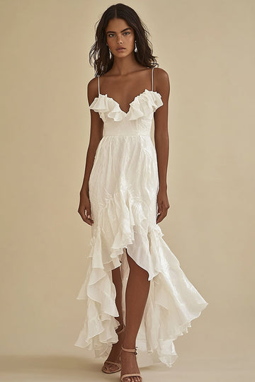 White Tulle Spaghetti Straps Long Engagement Dress